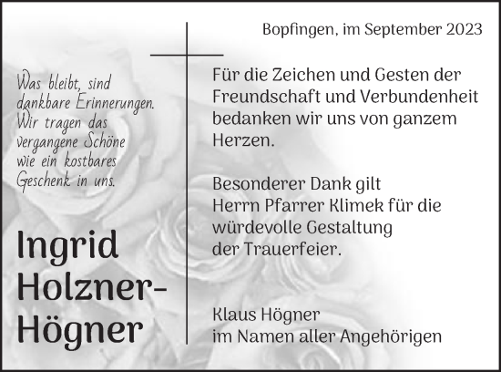 Traueranzeige von Ingrid Holzner-Högner von Schwäbische Post