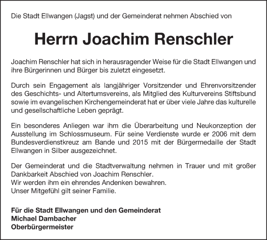 Traueranzeige von Joachim Renschler