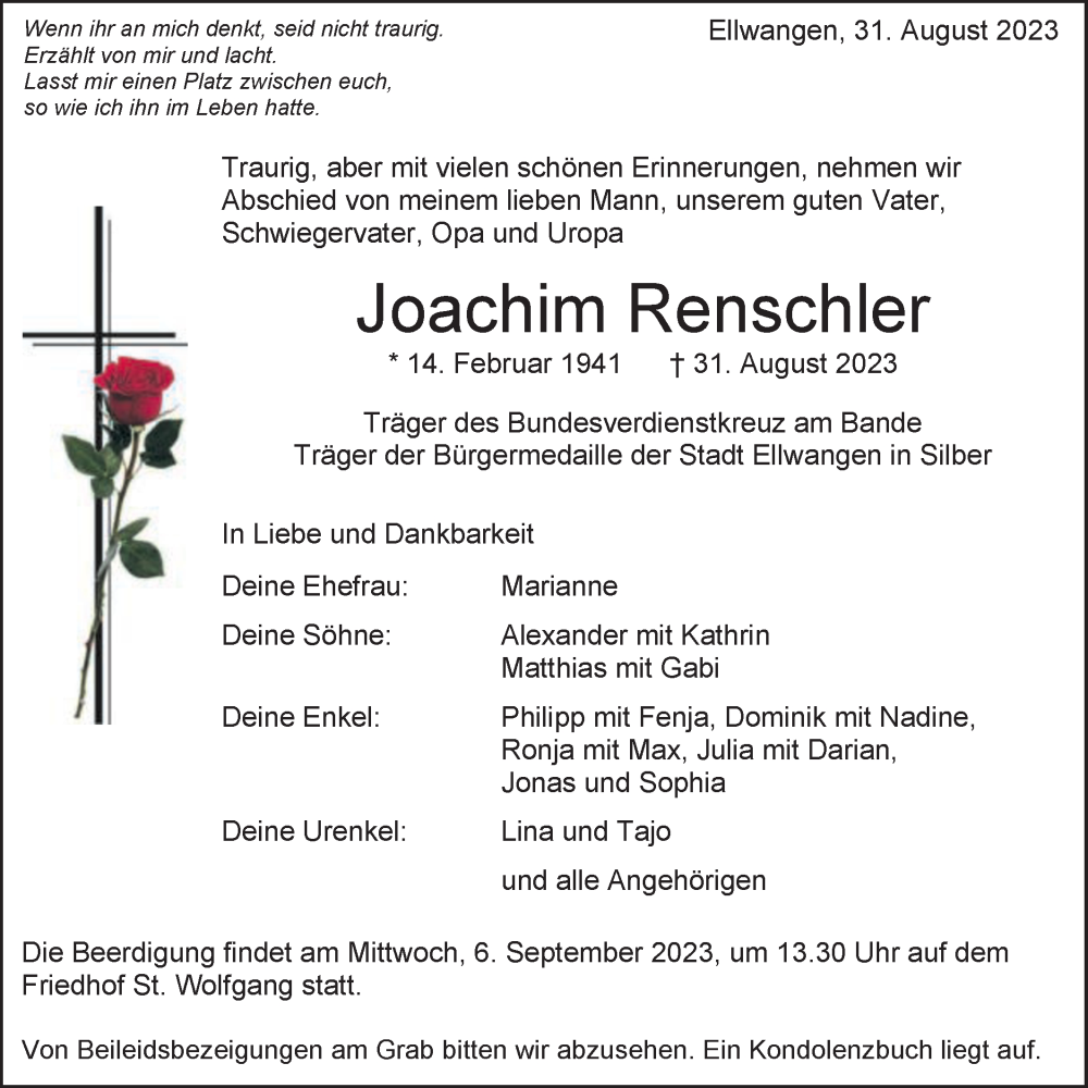  Traueranzeige für Joachim Renschler vom 02.09.2023 aus Schwäbische Post