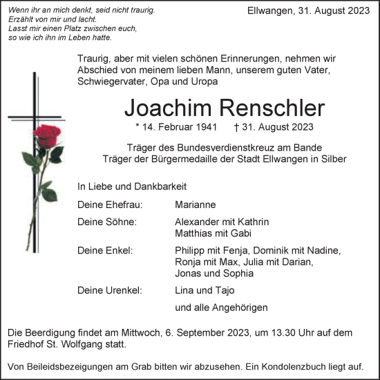 Traueranzeige von Joachim Renschler