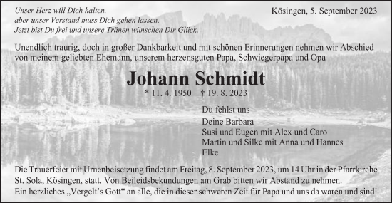 Traueranzeige von Johann Schmidt von Schwäbische Post