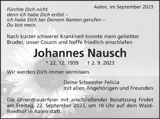 Traueranzeige von Johannes Nausch von Schwäbische Post