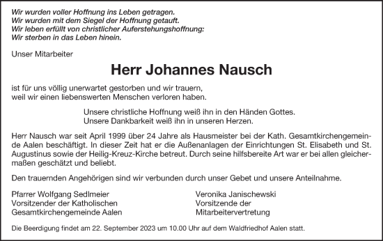 Traueranzeige von Johannes Nausch von Schwäbische Post