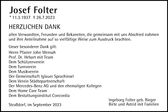 Traueranzeige von Josef Folter von Gmünder Tagespost