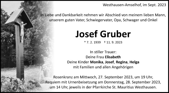 Traueranzeige von Josef Gruber von Schwäbische Post