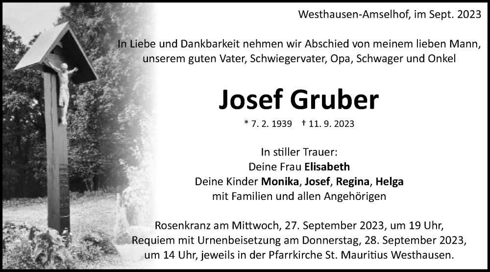  Traueranzeige für Josef Gruber vom 23.09.2023 aus Schwäbische Post