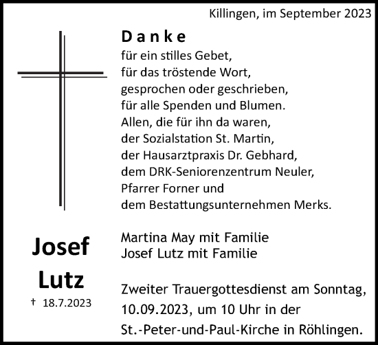 Traueranzeige von Josef Lutz von Schwäbische Post