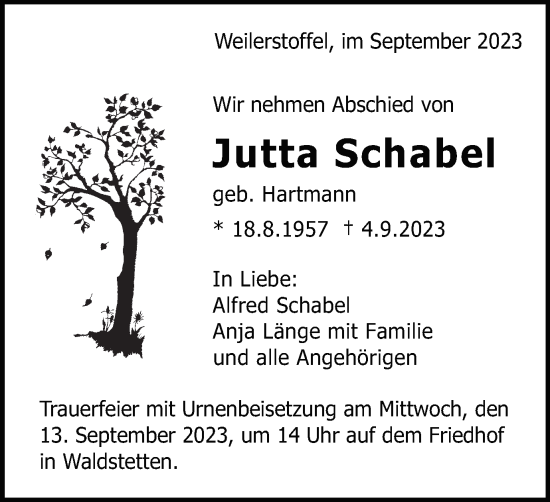 Traueranzeige von Jutta Schabel von Gmünder Tagespost