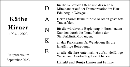 Traueranzeige von Käthe Hirner von Gmünder Tagespost