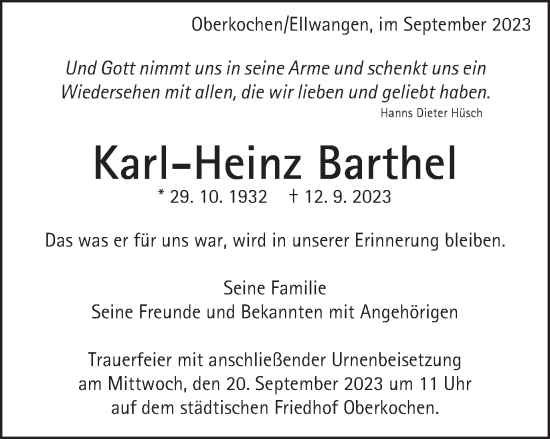 Traueranzeige von Karl-Heinz Barthel von Schwäbische Post