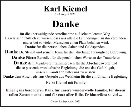 Traueranzeige von Karl Kiemel von Gmünder Tagespost