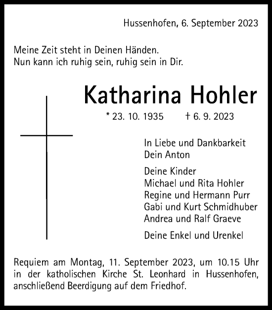 Traueranzeige von Katharina Hohler von Gmünder Tagespost