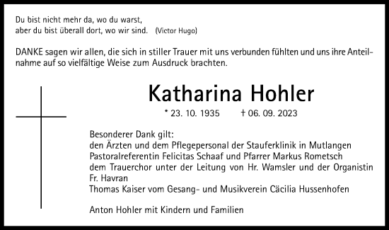 Traueranzeige von Katharina Hohler von Gmünder Tagespost