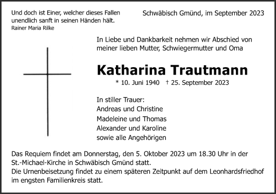 Traueranzeige von Katharina Trautmann von Gmünder Tagespost
