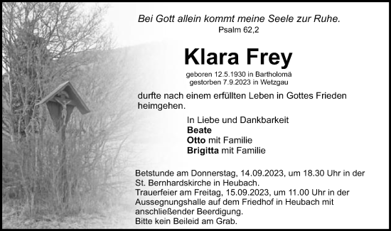 Traueranzeige von Klara Frey von Gmünder Tagespost