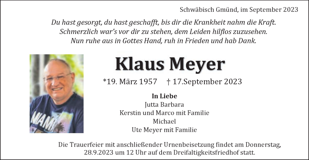  Traueranzeige für Klaus Meyer vom 23.09.2023 aus Gmünder Tagespost