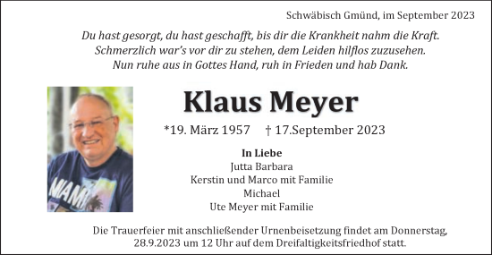Traueranzeige von Klaus Meyer von Gmünder Tagespost