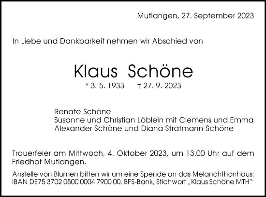 Traueranzeige von Klaus Schöne von Gmünder Tagespost