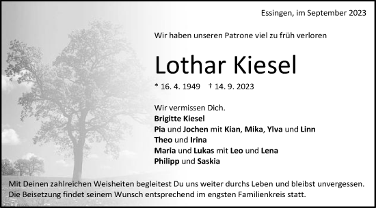 Traueranzeige von Lothar Kiesel von Schwäbische Post