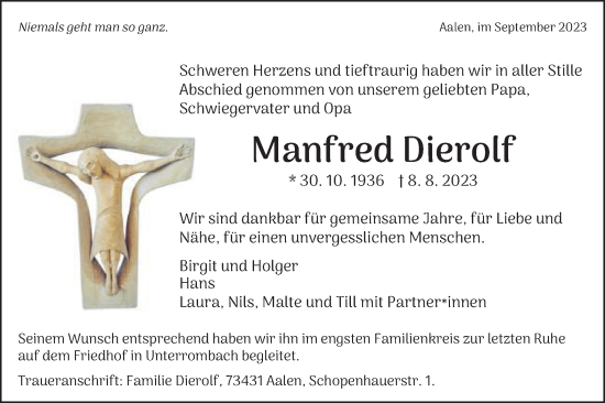Traueranzeige von Manfred Dierolf von Schwäbische Post