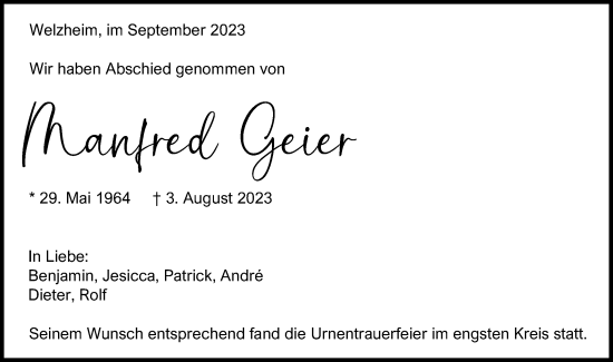 Traueranzeige von Manfred Geier von Gmünder Tagespost