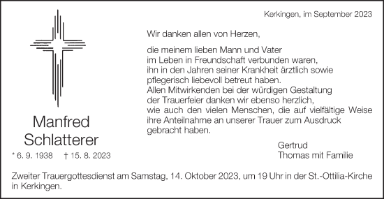 Traueranzeige von Manfred Schlatterer von Schwäbische Post