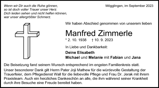 Traueranzeige von Manfred Zimmerle von Gmünder Tagespost