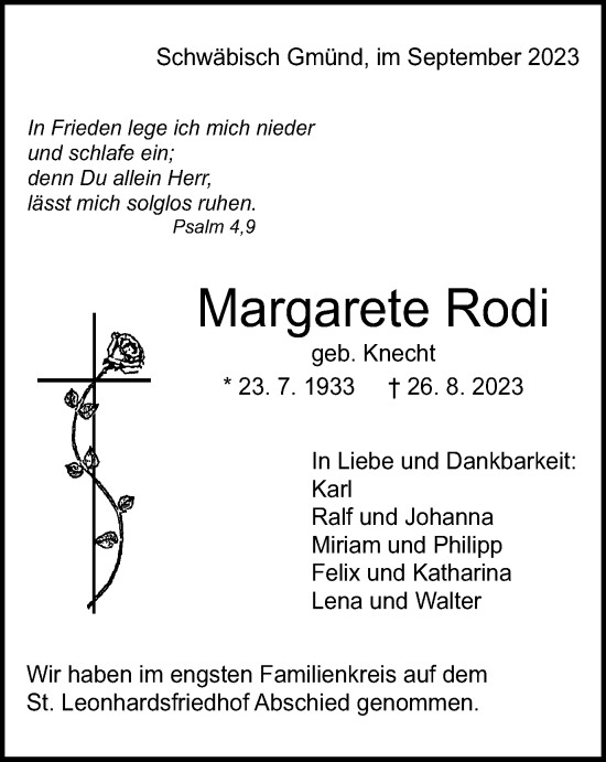 Traueranzeige von Margarete Rodi von Gmünder Tagespost
