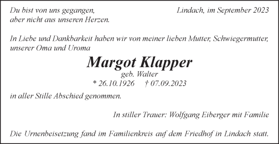 Traueranzeige von Margot Klapper von Gmünder Tagespost