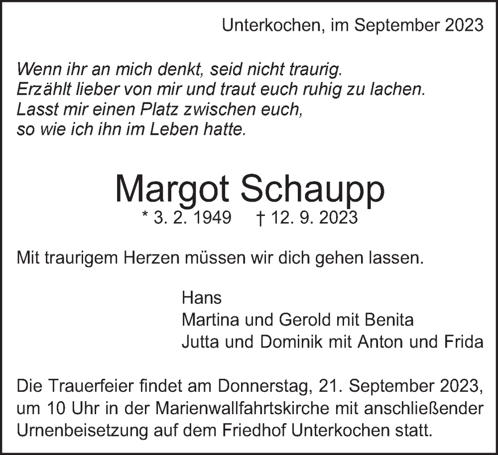  Traueranzeige für Margot Schaupp vom 18.09.2023 aus Schwäbische Post
