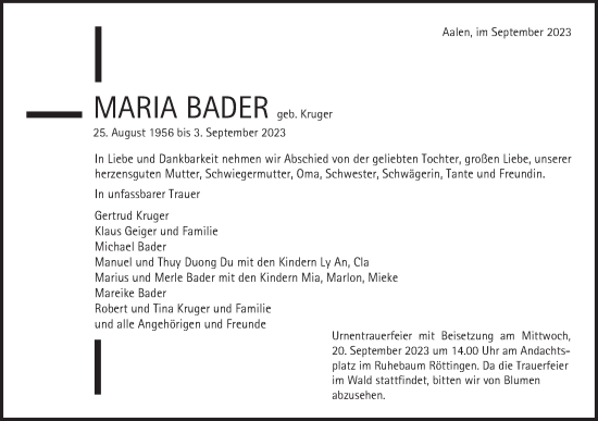 Traueranzeige von Maria Bader von Schwäbische Post