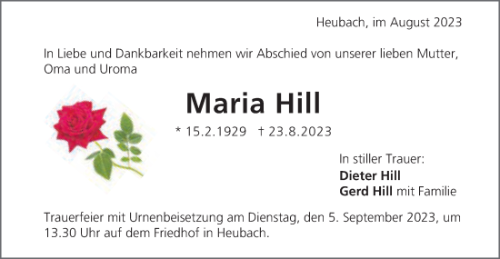 Traueranzeige von Maria Hill von Gmünder Tagespost