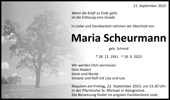 Traueranzeige von Maria Scheurmann von Schwäbische Post