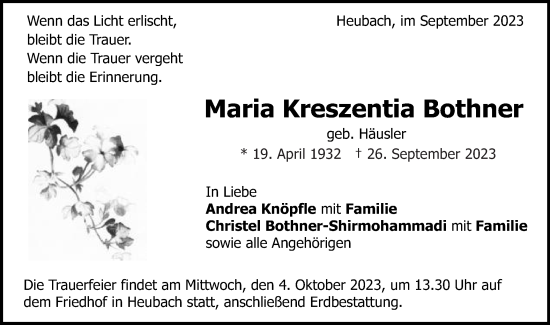 Traueranzeige von Maria Kreszentia Bothner von Gmünder Tagespost