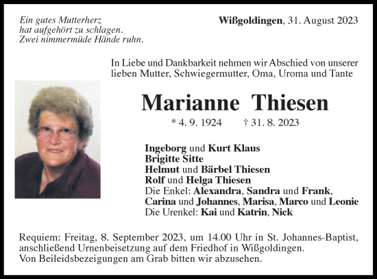 Traueranzeige von Marianne Thiesen von Gmünder Tagespost