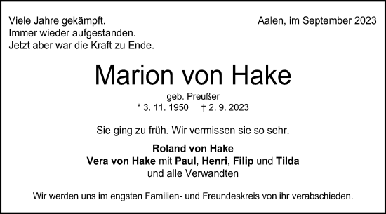 Traueranzeige von Marion von Hake von Schwäbische Post
