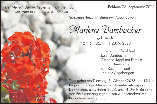 Traueranzeige von Marlene Dambacher von Schwäbische Post