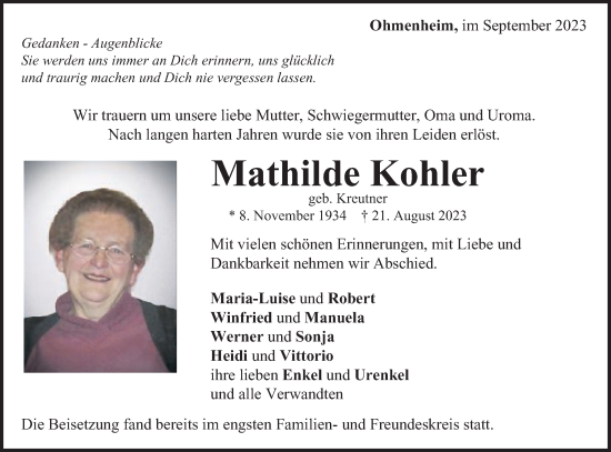 Traueranzeige von Mathilde Kohler von Schwäbische Post