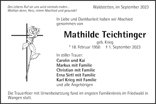 Traueranzeige von Mathilde Teichtinger von Gmünder Tagespost