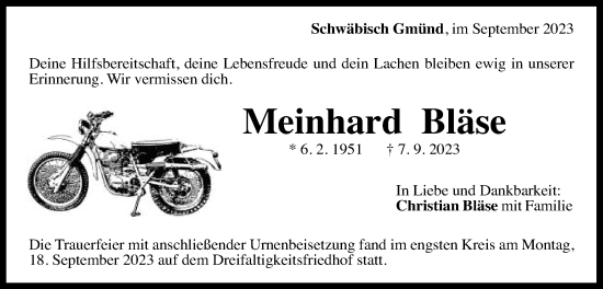 Traueranzeige von Meinhard Bläse von Gmünder Tagespost