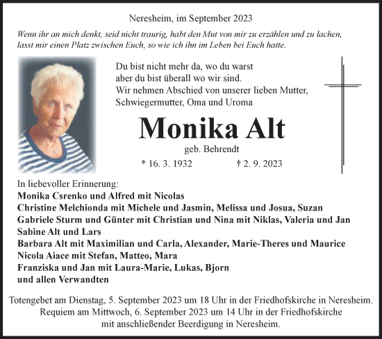 Traueranzeige von Monika Alt von Schwäbische Post
