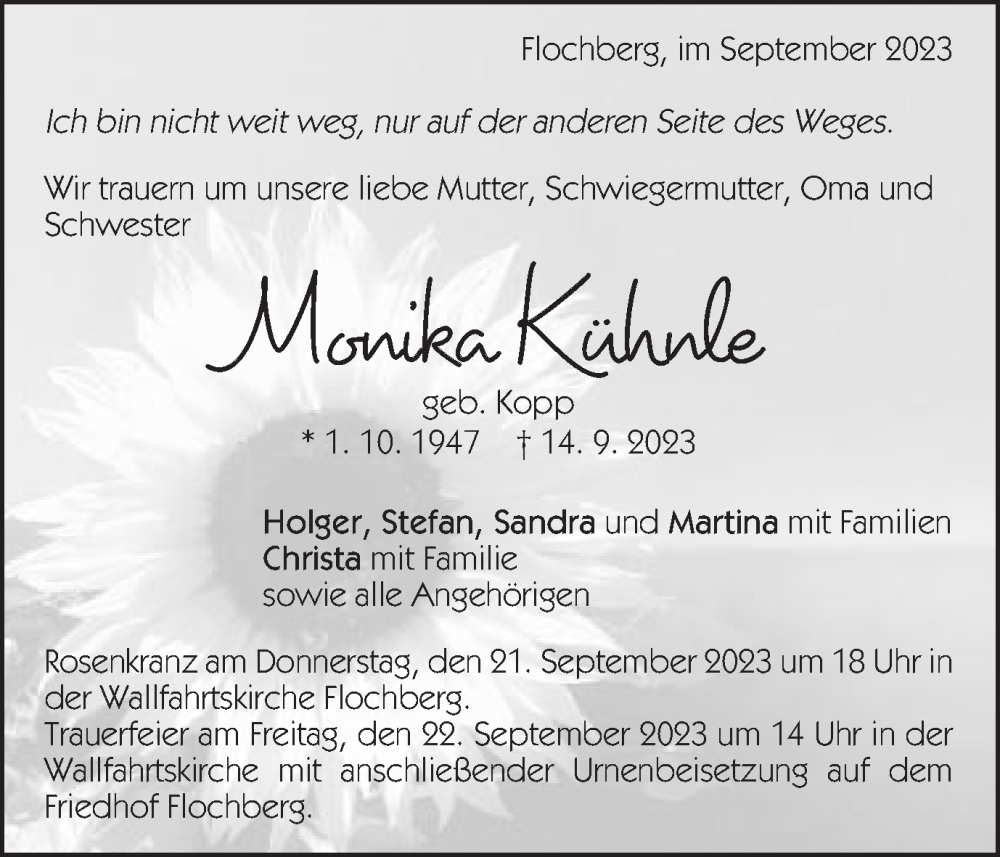  Traueranzeige für Monika Kühnle vom 20.09.2023 aus Schwäbische Post