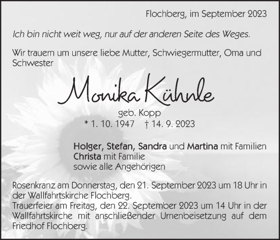 Traueranzeige von Monika Kühnle von Schwäbische Post