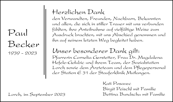 Traueranzeige von Paul Becker von Gmünder Tagespost