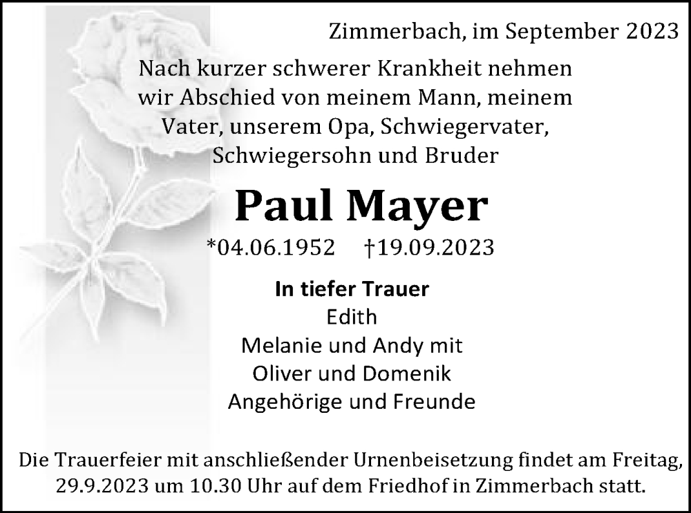  Traueranzeige für Paul Mayer vom 23.09.2023 aus Gmünder Tagespost