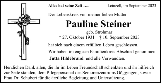 Traueranzeige von Pauline Steiner von Gmünder Tagespost