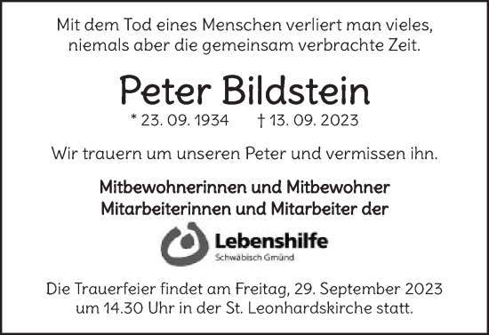 Traueranzeige von Peter Bildstein von Gmünder Tagespost