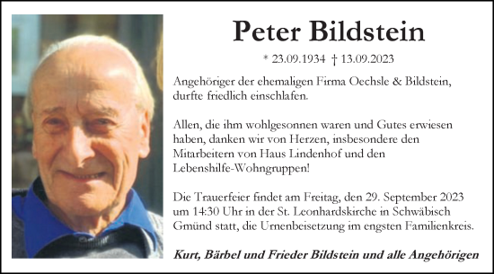 Traueranzeige von Peter Bildstein von Gmünder Tagespost