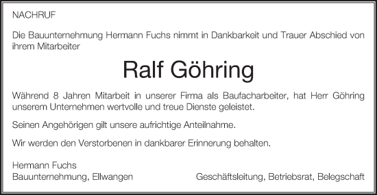 Traueranzeige von Ralf Göhring von Schwäbische Post
