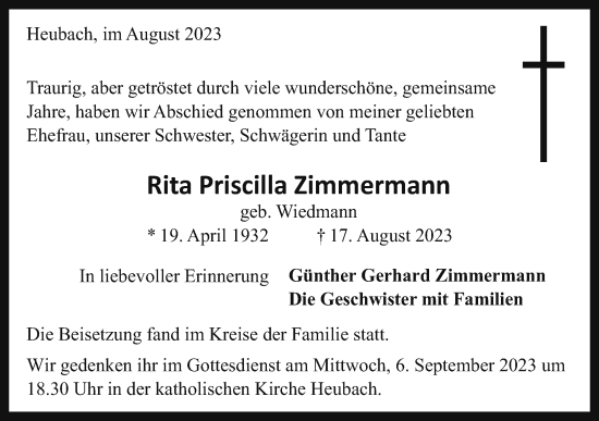 Traueranzeige von Rita Priscilla Zimmermann von Gmünder Tagespost